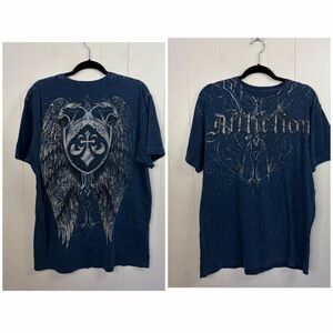 AFFLICTION Rare Vintage Mens T-Shirt Wings Fleur de Lis Cross Blue size XL Y2K